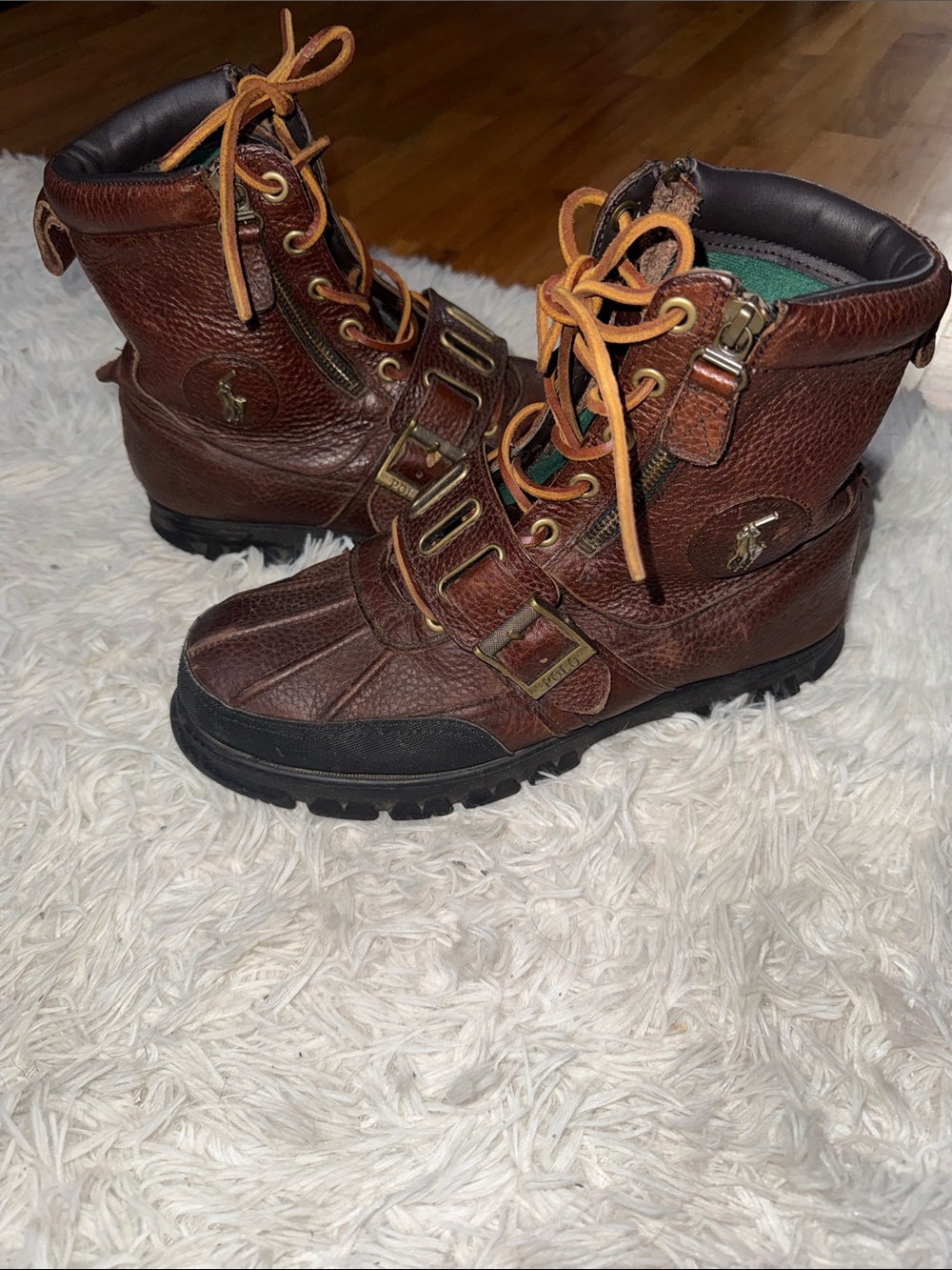 Ralph Lauren Brown Leather Lace-Up Duck Boots with Buckles